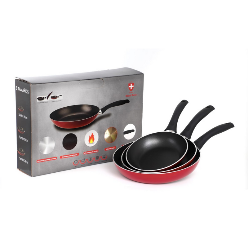 Juego De 3 Sartenes Rojo Antiadherente De 5 Capas Espesor 2.5 Mm Mango Suave