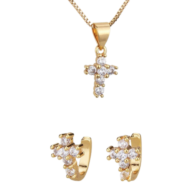Set Conjunto Aretes + Collar Cruz Zirconia Dama
